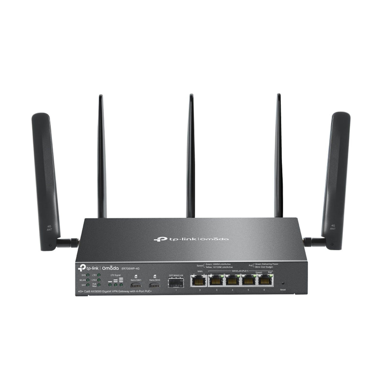 TP-Link Omada ER706WP-4G 4G+ Cat6 AX3000 Gigabit VPN Gateway with 4-Port PoE TP-Link Omada ER706WP-4G 4G+ Cat6 AX3000 Gigabit VPN Gateway with 4-Port PoE